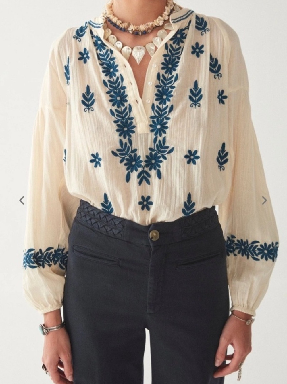NWT Maison Hotel Blouse Lina Long Sleeve in Caribe Blue Cream Embroidered Floral - Picture 2 of 10